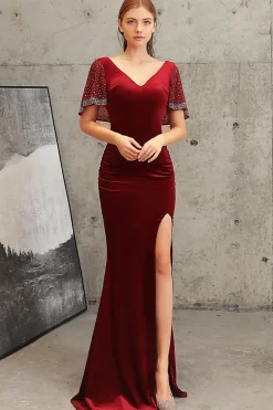 Vestido comprido de veludo verde escuro