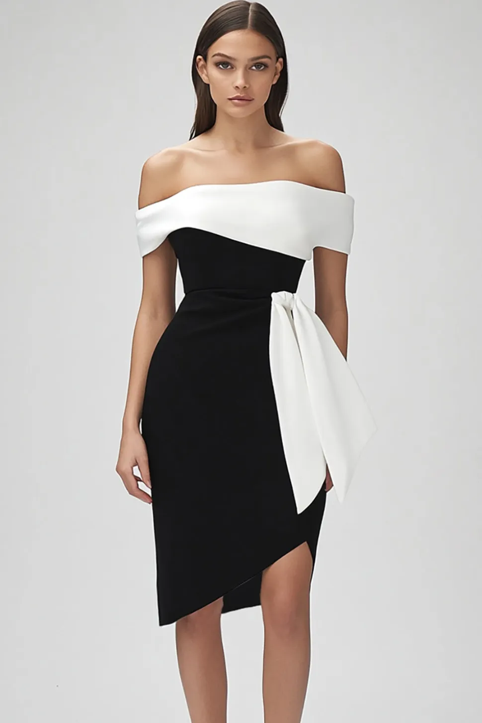 Vestido curto de marfim bodycon e preto com babados