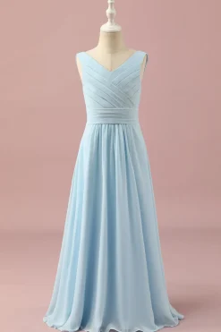 Vestido Dama de Honra Júnior Azul Claro Gola em V