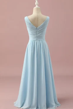 Vestido Dama de Honra Júnior Azul Claro Gola em V