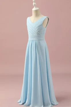 Vestido Dama de Honra Júnior Azul Claro Gola em V