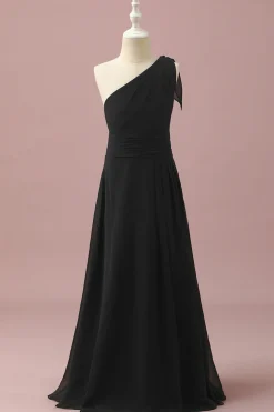 Vestido Dama de Honra Júnior Chiffon Um Ombro Preto