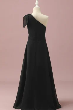 Vestido Dama de Honra Júnior Chiffon Um Ombro Preto