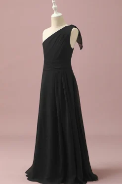 Vestido Dama de Honra Júnior Chiffon Um Ombro Preto