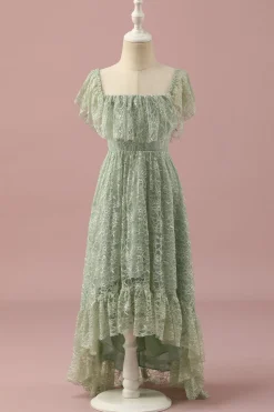 Vestido Dama de Honra Júnior Renda Verde Colarinho Quadrado