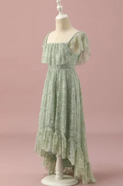 Vestido Dama de Honra Júnior Renda Verde Colarinho Quadrado