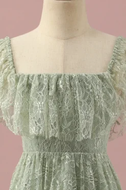 Vestido Dama de Honra Júnior Renda Verde Colarinho Quadrado