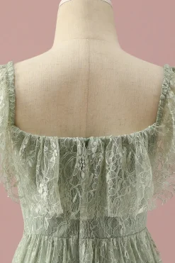 Vestido Dama de Honra Júnior Renda Verde Colarinho Quadrado