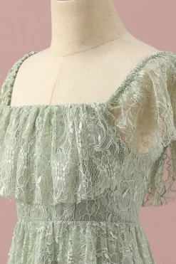 Vestido Dama de Honra Júnior Renda Verde Colarinho Quadrado