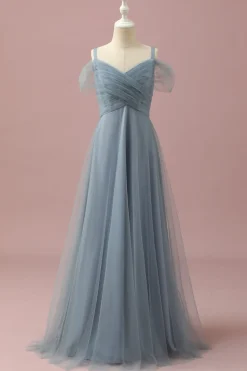 Vestido Dama de Honra Júnior Azul Cinza Cintas de Espaguete