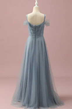 Vestido Dama de Honra Júnior Azul Cinza Cintas de Espaguete