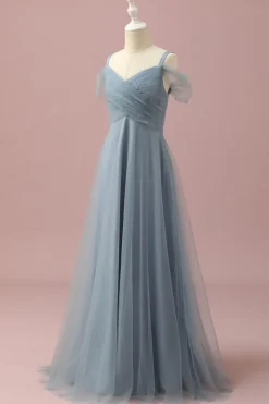 Vestido Dama de Honra Júnior Azul Cinza Cintas de Espaguete