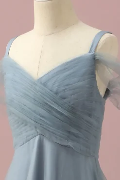 Vestido Dama de Honra Júnior Azul Cinza Cintas de Espaguete