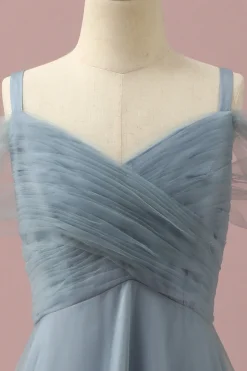 Vestido Dama de Honra Júnior Azul Cinza Cintas de Espaguete