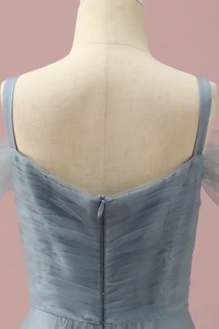 Vestido Dama de Honra Júnior Azul Cinza Cintas de Espaguete