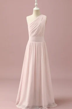 Vestido Dama de Honra Júnior Chiffon Rosa Claro Um Ombro