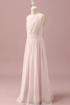 Vestido Dama de Honra Júnior Chiffon Rosa Claro Um Ombro