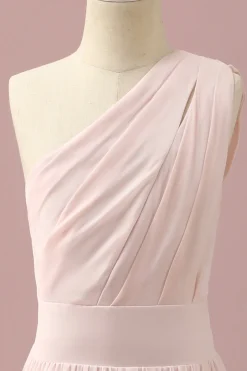 Vestido Dama de Honra Júnior Chiffon Rosa Claro Um Ombro