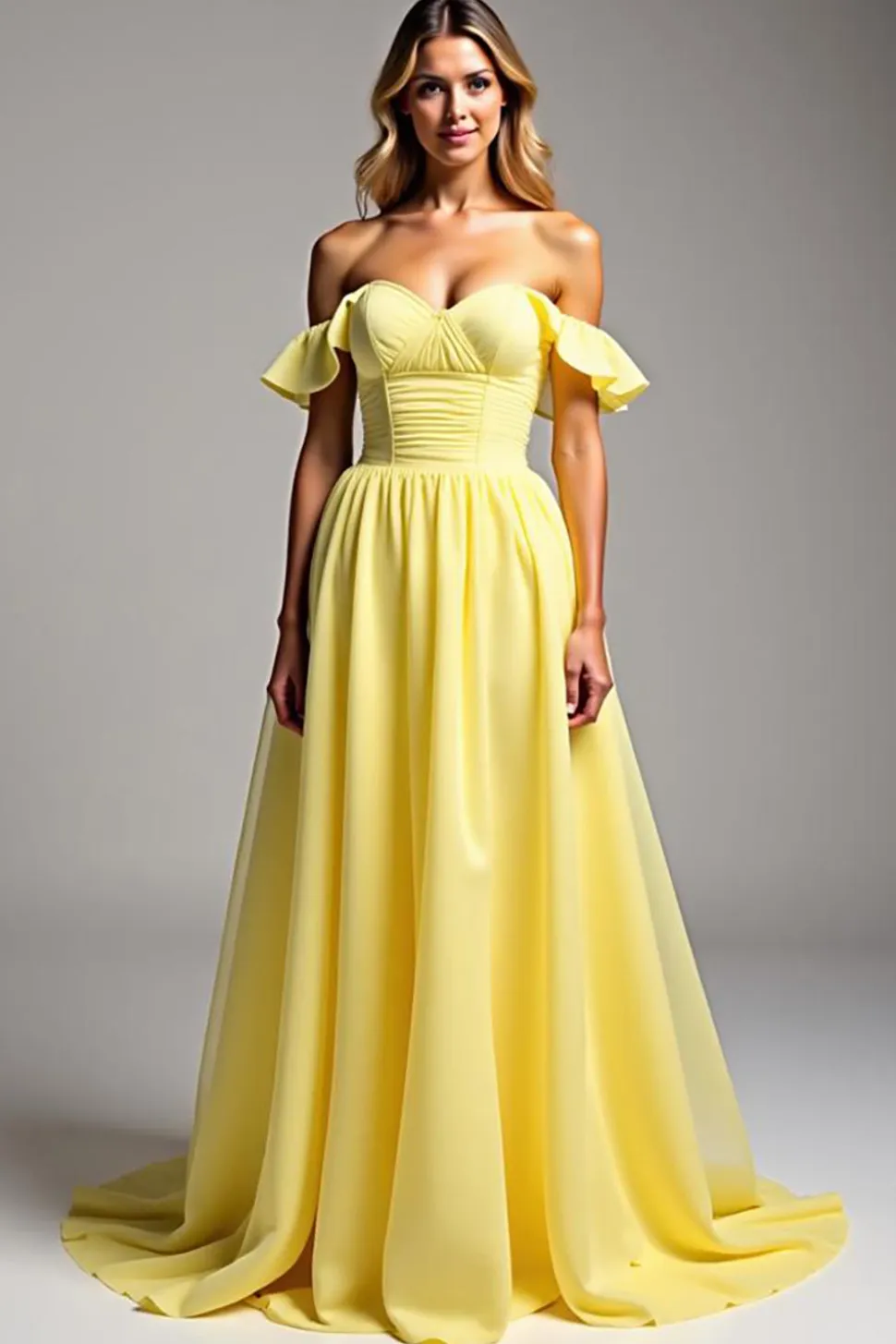 Vestido de Baile Amarelo Claro Linha-A Fora do Ombro Longo