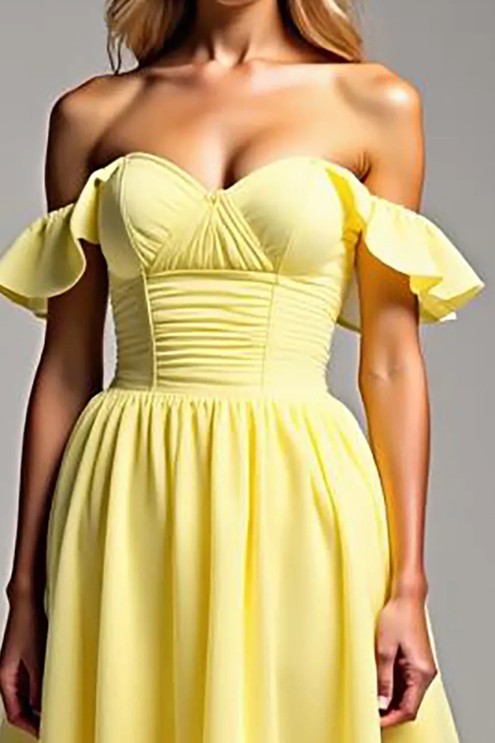 Vestido de Baile Amarelo Claro Linha-A Fora do Ombro Longo