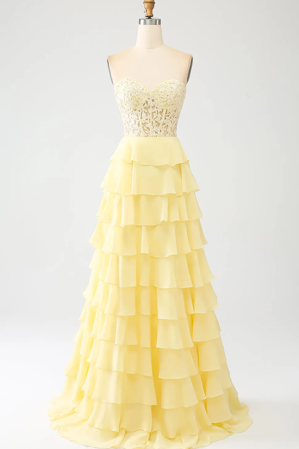Vestido de baile amarelo querido em camadas