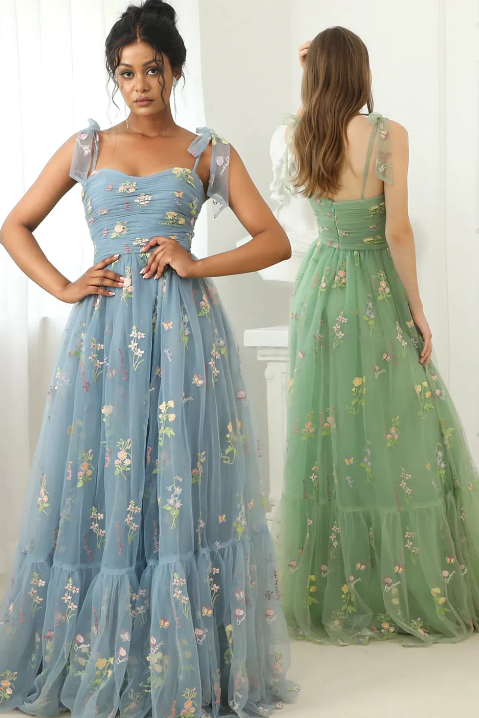 Vestido de baile azul azul cinza com bordado
