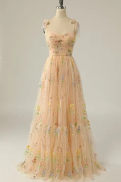 Vestido de baile azul azul cinza com bordado