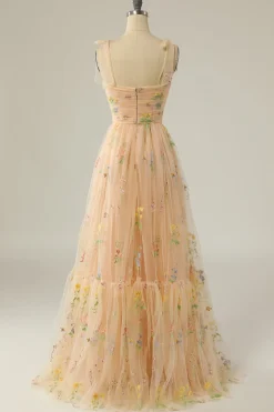 Vestido de baile azul azul cinza com bordado