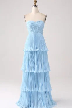 Vestido de baile azul céu sem alças com pregas