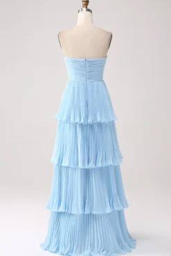 Vestido de baile azul céu sem alças com pregas