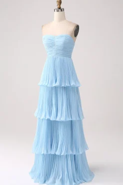 Vestido de baile azul céu sem alças com pregas
