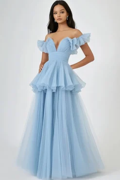 Vestido De Baile Azul Céu Longo Fora do Ombro Tule Linha-A