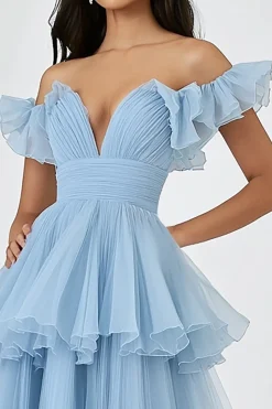 Vestido De Baile Azul Céu Longo Fora do Ombro Tule Linha-A