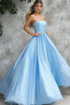 Vestido De Baile Azul Céu Linha-A Longo Sem Alças