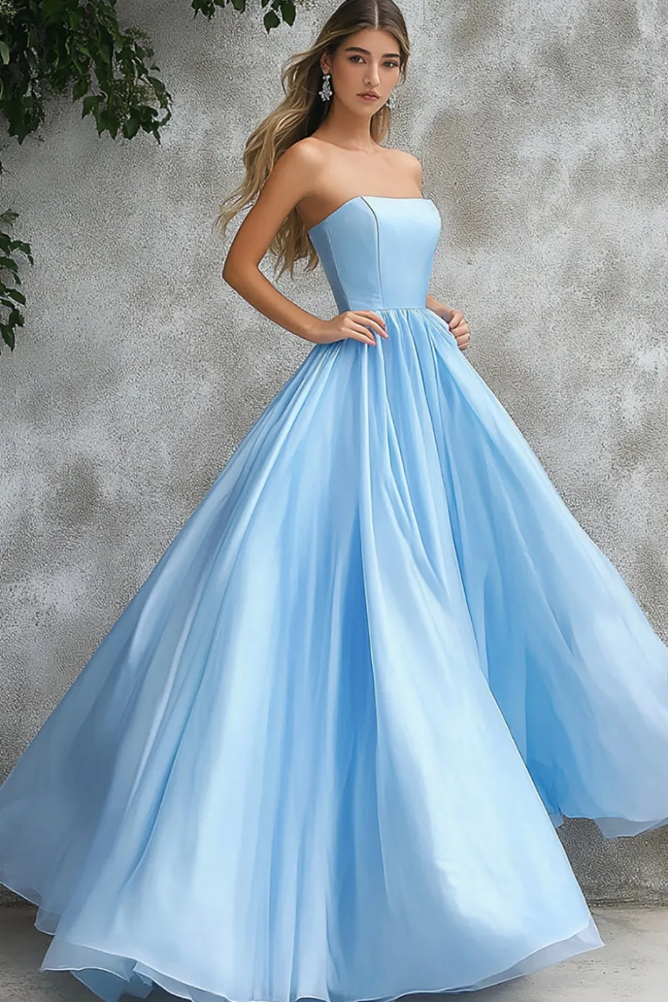 Vestido De Baile Azul Céu Linha-A Longo Sem Alças