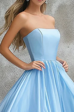 Vestido De Baile Azul Céu Linha-A Longo Sem Alças
