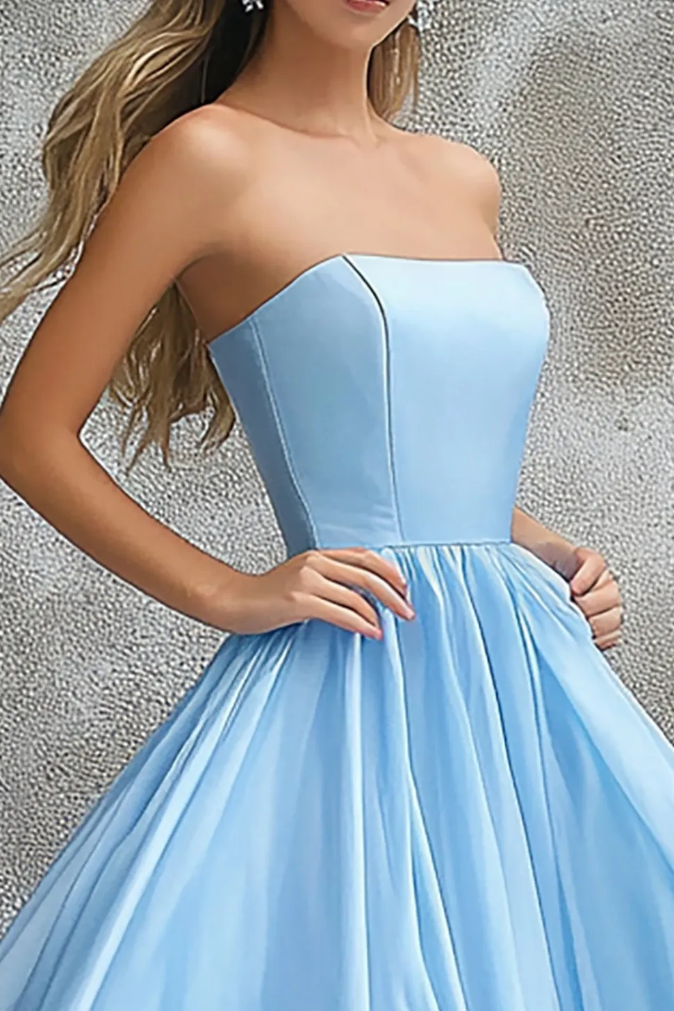 Vestido De Baile Azul Céu Linha-A Longo Sem Alças