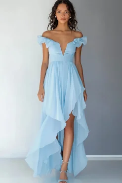 Vestido De Baile Azul Céu Longo Assimétrico Fora do Ombro Babados