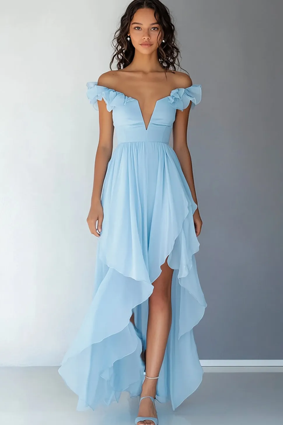 Vestido De Baile Azul Céu Longo Assimétrico Fora do Ombro Babados