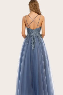 Vestido de baile azul e azul empoeirado com renda