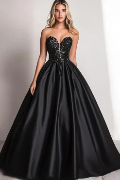 Vestido De Baile Brilhante Longo Preto Linha-A Cetim Sem Alças