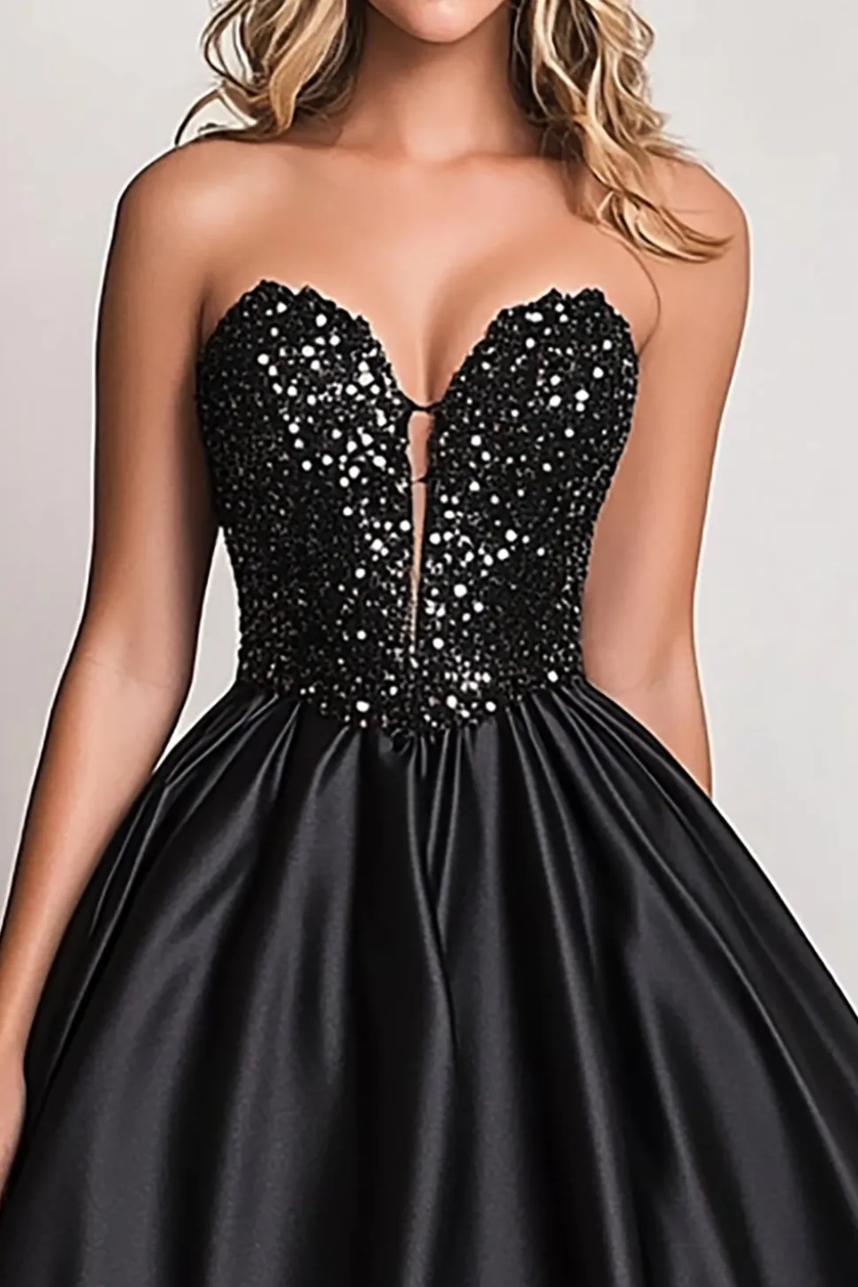 Vestido De Baile Brilhante Longo Preto Linha-A Cetim Sem Alças