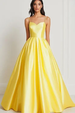 Vestido De Baile Cetim Amarelo Linha-A Longo Alças Finas