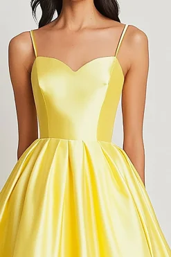 Vestido De Baile Cetim Amarelo Linha-A Longo Alças Finas