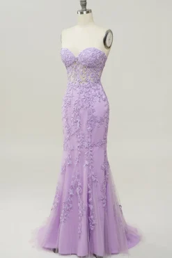 Vestido de baile com apliques sereia roxo
