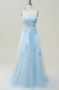 Vestido de baile com apliques azul céu um ombro