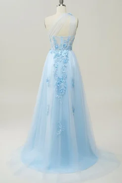 Vestido de baile com apliques azul céu um ombro