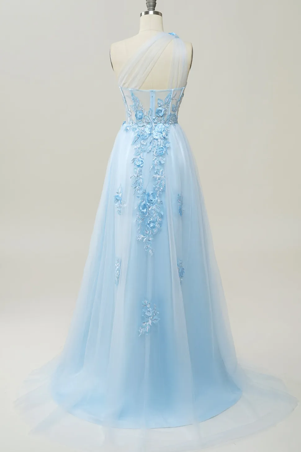 Vestido de baile com apliques azul céu um ombro