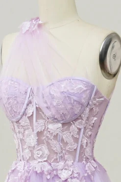 Vestido de baile com apliques azul céu um ombro