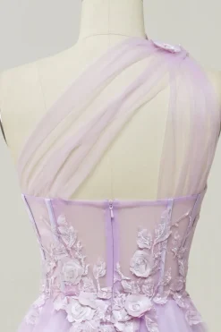 Vestido de baile com apliques azul céu um ombro